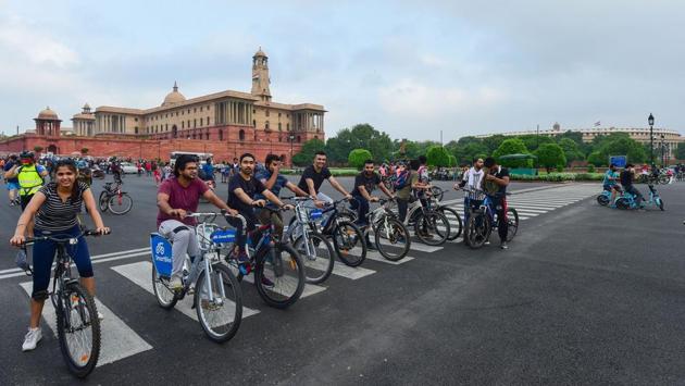 Cyclists at Raisina Hills in New Delhi on August 23. India is the third country in the world, after the US and Brazil, to report more than three million Covid-19 cases. The third million was logged in a little over two weeks. (Kamal Kishore / PTI)