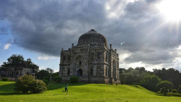 Monsoon clouds over Lodhi Garden with a view of Shisha Gumbad and Bada Gumbad and mosque complex in the background on August 22. A continuous spell of showers of late has washed out pollutants in the air. The first ‘good’ air day was recorded on March 28 with an AQI reading of 45, during the first week of the Covid-19 induced lockdown. (Vipin Kumar / HT Photo)