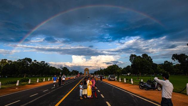 A rainbow over India Gate in New Delhi on August 21. A streak of continuous rain spells in August has brought Delhi’s Air Quality Index (AQI) to below 60 which falls under the ‘satisfactory’ category according to Central Pollution Control Board (CPCB)’s scale. (Amal KS / HT Photo)