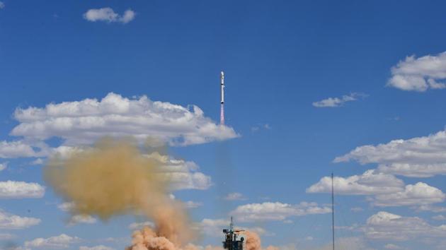 A Long March-2D carrier rocket carrying earth observation satellite Gaofen-9 03 takes off from Jiuquan Satellite Launch Center in Gansu province, China. Sunday’s launch was the 343rd mission of the Long March rocket series, state-run Xinhua news agency reported.(REUTERS)