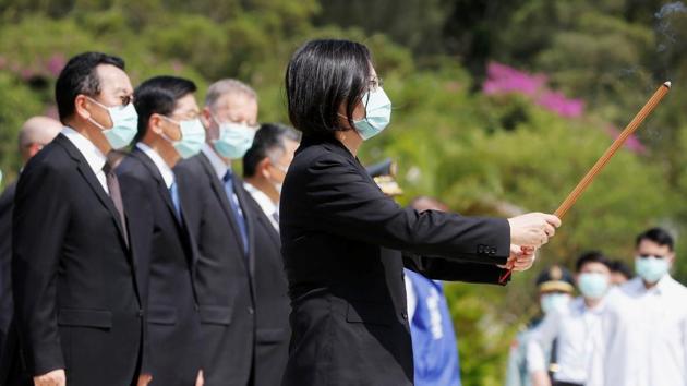 Taiwan's President Tsai Ing-wen pays her respects to the deceased during an event to mark the 62nd anniversary of the Second Taiwan Strait crisis in Kinmen, Taiwan. (REUTERS) Taiwan's President Tsai Ing-wen pays her respects to the deceased during an event to mark the 62nd anniversary of the Second Taiwan Strait crisis in Kinmen, Taiwan. (REUTERS)
