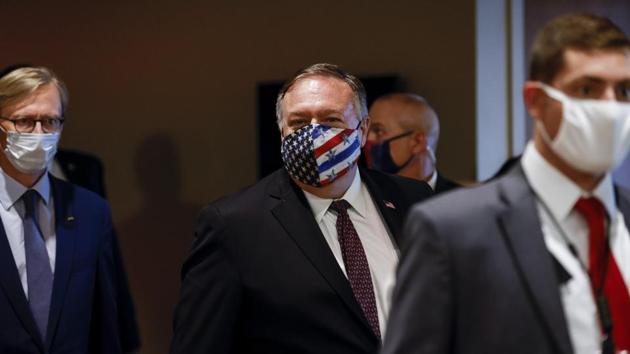 Secretary of State Mike Pompeo departs a meeting with members of the UN Security Council about Iran's alleged non-compliance with a nuclear deal at the United Nations in New York.(AP)