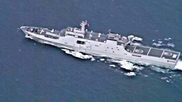 Chinese amphibious warship Xian 32 tracked and clicked by Indian navy in 2019.(ANI) Chinese amphibious warship Xian 32 tracked and clicked by Indian navy in 2019.(ANI)
