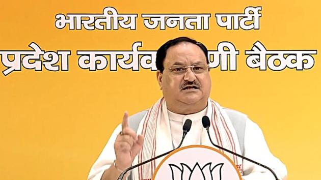 BJP National President JP Nadda addresses virtual Bihar BJP Karyasamiti meeting, in New Delhi on Sunday. (ANI Photo) (ANI) BJP National President JP Nadda addresses virtual Bihar BJP Karyasamiti meeting, in New Delhi on Sunday. (ANI Photo) (ANI)