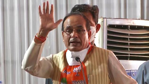 Madhya Pradesh Chief Minister Shivraj Singh Chouhan addresses during a BJP event in Gwalior on Sunday. (ANI Photo)