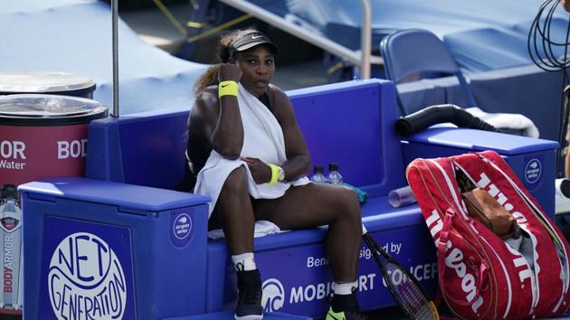 Serena Williams relaxes after winning her match against Arantxa Rus, of the Netherlands, during the second round at the Western & Southern Open tennis tournament Monday, Aug. 24, 2020, in New York. (AP Photo/Frank Franklin II)(AP)