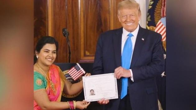 Sudha Sundari Narayanan with US President Donald Trump.(Twitter.com/@TheWhiteHouse)