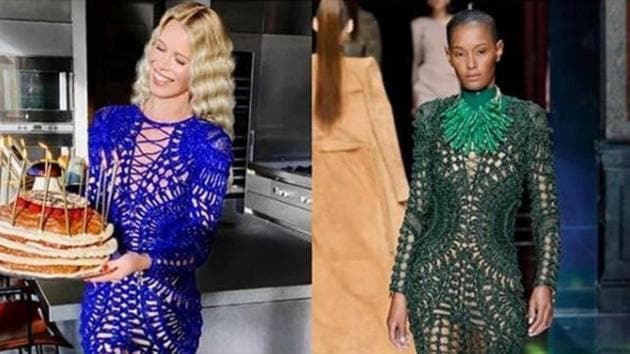 The blue beaded dress the supermodel is wearing is identical to the one she wore for Balmain’s spring 2016 campaign.(@asapprove/Instagram)
