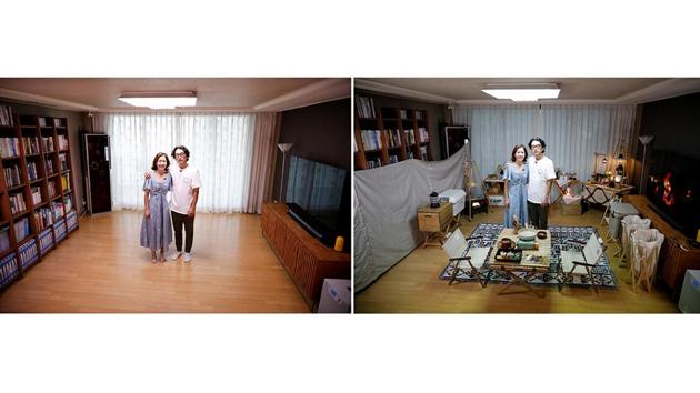 A combination of pictures show the before and after setup of a staycation camp at their home in Seoul on August 22. According to Reuters, Che and Lee had to wait two to three months to purchase their tents, folding table and stove, as South Koreans, normally among the top ten spenders on tourism globally according to the World Bank, splurged on equipment to make up for missed overseas trips. (Kim Hong-Ji / REUTERS)