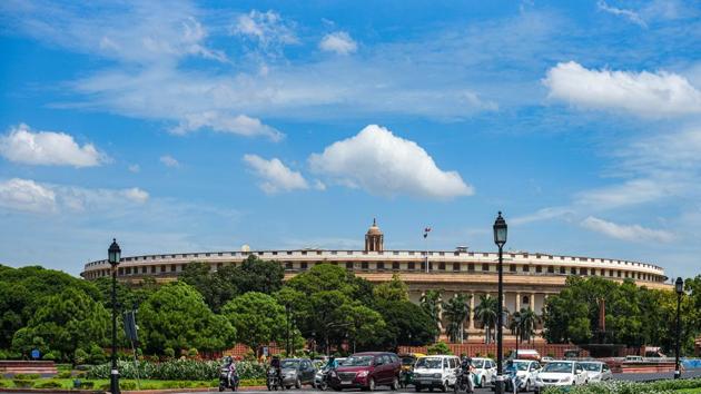 A cloudy afternoon sky over Parliament House, in New Delhi. The Lok Sabha Speaker Om Birla has called a meeting on August 27 to discuss how to prepare for the session.(Amal KS/HT PHOTO)