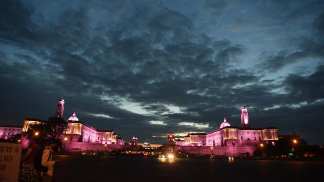 A view from Vijay Chowk of Raisina Hills and the illuminated North and South block buildings on a cloudy evening in New Delhi. (Arvind Yadav/HT PHOTO) A view from Vijay Chowk of Raisina Hills and the illuminated North and South block buildings on a cloudy evening in New Delhi. (Arvind Yadav/HT PHOTO)