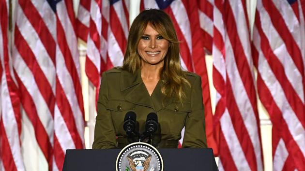 US First Lady Melania Trump addresses the Republican Convention during its second day from the Rose Garden of the White House on August 25, in Washington, DC. (AFP) US First Lady Melania Trump addresses the Republican Convention during its second day from the Rose Garden of the White House on August 25, in Washington, DC. (AFP)