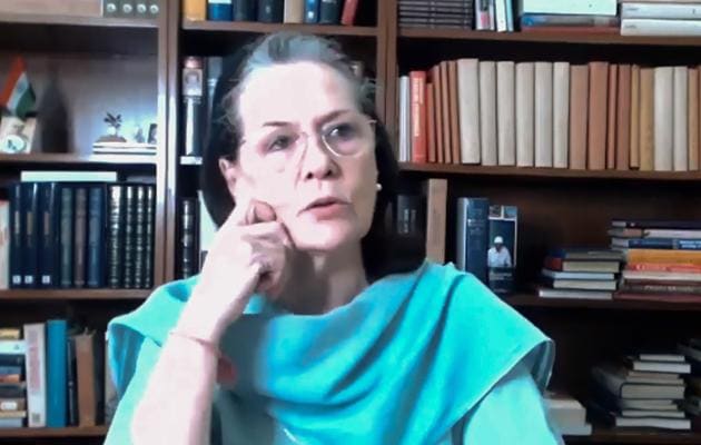 Congress interim president Sonia Gandhi chairing a virtual meeting with chief ministers of seven states to discuss various issues, in New Delhi on Wednesday.(PTI Photo)