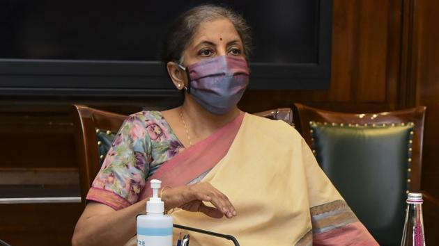 Union finance minister Nirmala Sitharaman chairs the 41st GST Council meeting via video conferencing, in New Delhi on Thursday.(PTI Photo)