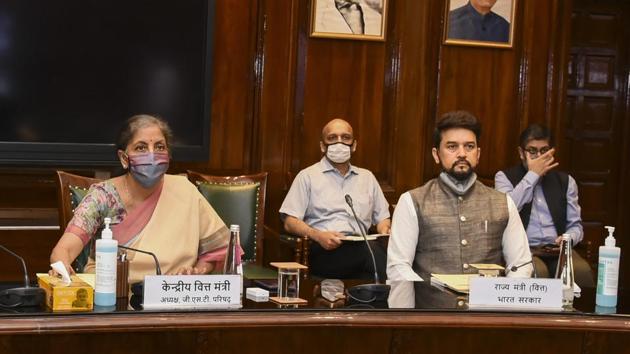 Union Finance Minister Nirmala Sitharaman chairs the 41st GST Council meeting via video conferencing, in New Delhi, Thursday, Aug 27, 2020.(PTI photo) Union Finance Minister Nirmala Sitharaman chairs the 41st GST Council meeting via video conferencing, in New Delhi, Thursday, Aug 27, 2020.(PTI photo)