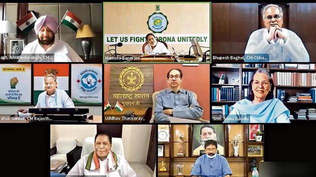 Congress Interim President Sonia Gandhi chairs a virtual meeting with Chief Ministers of 7 states to discuss various issues, in New Delhi, Wednesday, Aug 26, 2020.