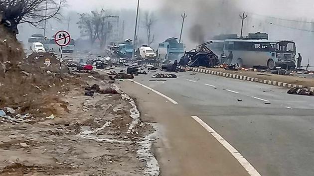 A scene of the spot after terrorists attacked a CRPF convoy in Goripora area of Awantipora town in Pulwama district of Kashmir on Feb 14, 2019(PTI File Photo)