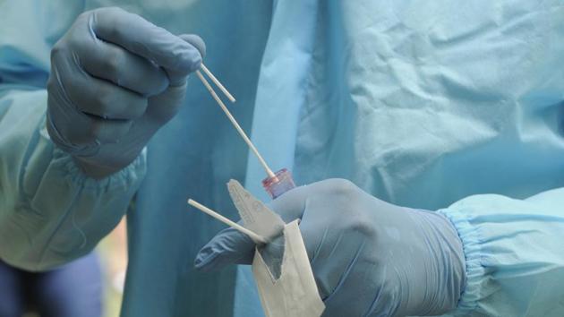 A health worker stores a swab sample to test for coronavirus infection.(Sunil Ghosh / Hindustan Times)