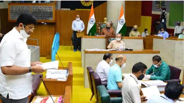 Deputy chief minister Dushyant Chautala during the monsoon session of the Haryana assembly on Wednesday.(HT Photo)