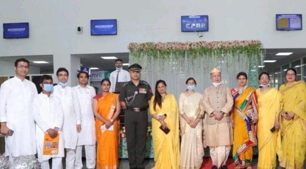All India Institute of Medical Sciences, Bathinda, director Dr DK Singh (in dhoti) during the Independence Day function on the campus on August 15. Five doctors, including medical superintendent Dr Satish Gupta, have tested positive in the past 10 days, while the institute director is among those in quarantine.(HT file photo)