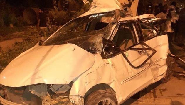 The severely damaged car after it fell from the elevated Janakpuri flyover on August 27.(HT photo)