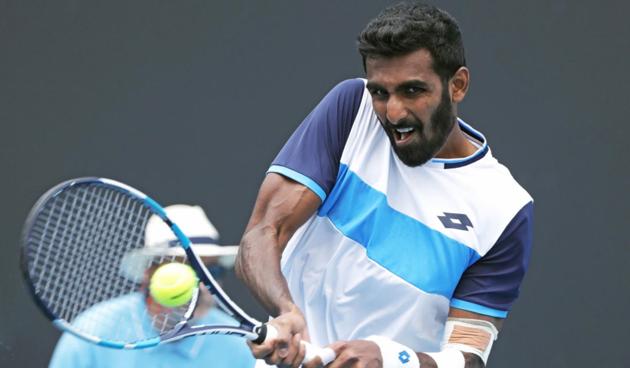 India’s Prajnesh Gunneswaran in action during the match against Japan’s Tatsuma Ito in January(Reuters)