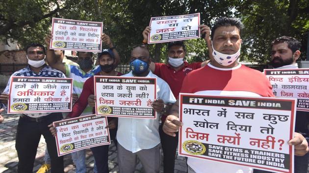 Earlier, gym owners and trainers held a silent protest demanding reopening of gyms in New Delhi on August 22.(Sonu Mehta/HT Photo)