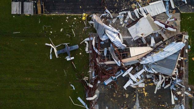 An aerial view shows destroyed planes around an airport hanger in the aftermath of Hurricane Laura in Sulphur, Louisiana on August 27. Howling winds levelled buildings across a wide swath of the state and a wall of water that was 15 feet (4.6 m) high crashed into tiny Cameron, Louisiana, where the hurricane made landfall. (Adrees Latif / REUTERS) An aerial view shows destroyed planes around an airport hanger in the aftermath of Hurricane Laura in Sulphur, Louisiana on August 27. Howling winds levelled buildings across a wide swath of the state and a wall of water that was 15 feet (4.6 m) high crashed into tiny Cameron, Louisiana, where the hurricane made landfall. (Adrees Latif / REUTERS)