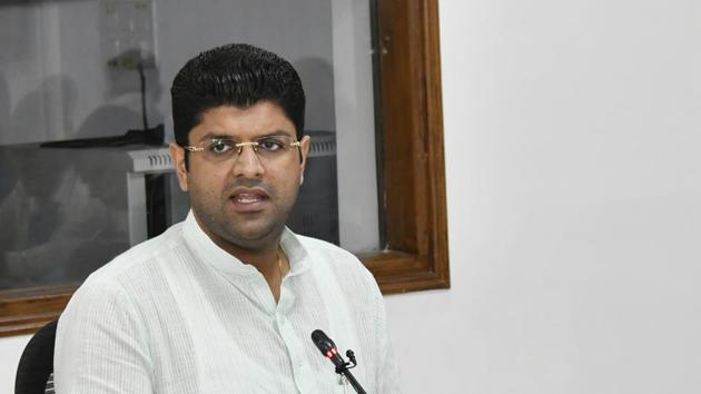 Haryana deputy chief minister Dushyant Chautala addressing a press conference in Chandigarh on Thursday.(HT PHOTO)