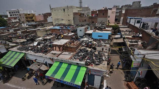 A view of the tyre market which was damaged during riots earlier this year.(Biplov Bhuyan/HT PHOTO)