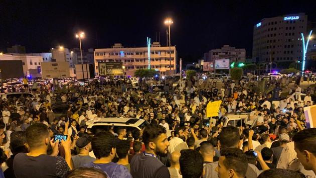 Libyans protest over the announcement of suspension of Interior Minister Fathi Bashagha during an anti-government protest in Misrata, Libya.(REUTERS)