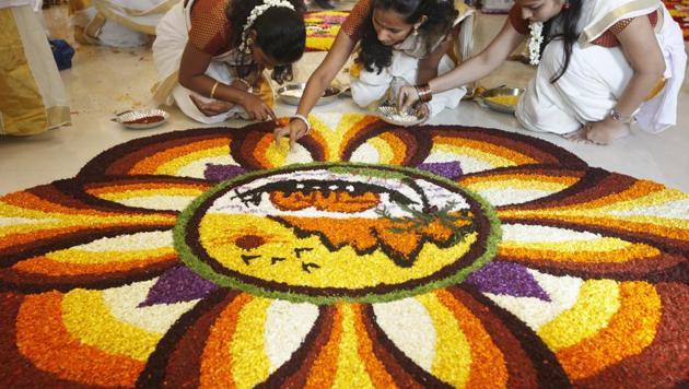 Rangolis made of fresh flower petals are an important part of Onam celebrations(Photo: Kalpak Pathak/HT [For representational purpose only])