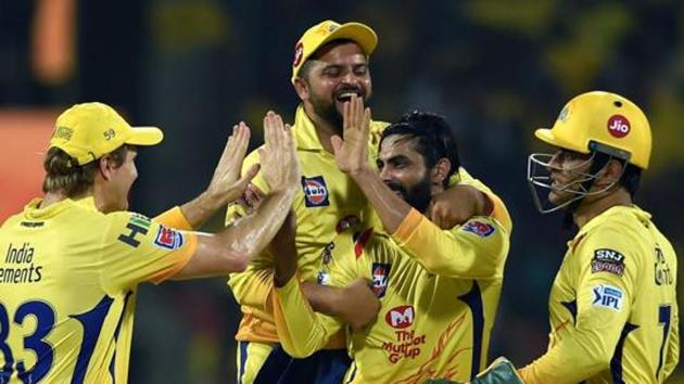 Chennai: Chennai Super Kings' (CSK) bowler Ravindra Jadeja celebrate with teammates after taking the wicket of DC's Chris Morris Indian Premier League 2019 (IPL T20) cricket match against Delhi Capitals (DC) at MAC Stadium in Chennai, Wednesday, May 1, 2019.(PTI)