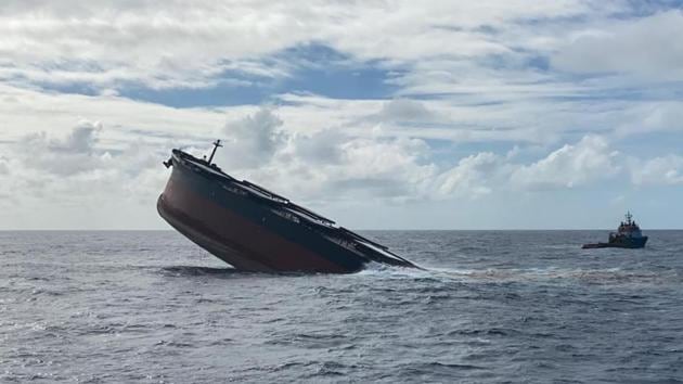 The broken stem of the MV Wakashio, a Japanese-owned ship which ran aground causing a devastating oil spill, seen sinking in the open water near Mauritius on August 24. Environmentalists have demanded an investigation into whether the dolphins were killed as a result of the spill from the Japanese ship, which was scuttled on August 24. (Mauritius Police Press Office / AFP) The broken stem of the MV Wakashio, a Japanese-owned ship which ran aground causing a devastating oil spill, seen sinking in the open water near Mauritius on August 24. Environmentalists have demanded an investigation into whether the dolphins were killed as a result of the spill from the Japanese ship, which was scuttled on August 24. (Mauritius Police Press Office / AFP)