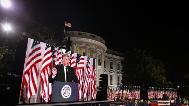 US President Donald Trump is displayed on a screen while speaking during the Republican National Convention on the South Lawn of the White House in Washington,.(Bloomberg) US President Donald Trump is displayed on a screen while speaking during the Republican National Convention on the South Lawn of the White House in Washington,.(Bloomberg)