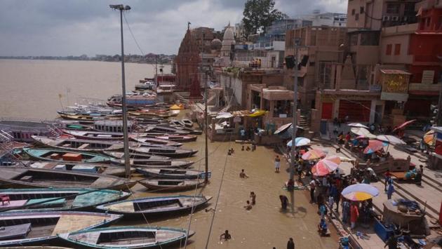Manikarnika Ghat inundated by the rising water from river Ganga in Varanasi on August 28. “More wet districts are a sign that it’s a good year for agriculture and groundwater recharge. The rainwater harvesting potential is also huge for these districts and this will also ensure more water availability until next year,” Pulak Guhathakurta, head, climate application and user interface, climate research and services at IMD Pune, told HT. (Rajesh Kumar / HT Photo)