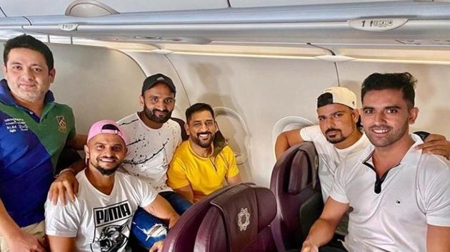 CSK players huddled inside a flight on way to Chennai for their preparatory camp. ((Twitter)) CSK players huddled inside a flight on way to Chennai for their preparatory camp. ((Twitter))