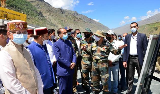 Himachal chief minister Jai Ram Thakur inspecting the progress of the Atal tunnel at Rohtang on Saturday.(HT Photo)