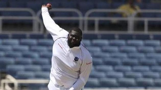 West Indies' Rahkeem Cornwall bowls against India during day one of the second Test cricket match at Sabina Park cricket ground in Kingston, Jamaica Friday, Aug. 30, 2019. (AP Photo/Ricardo Mazalan)(AP)