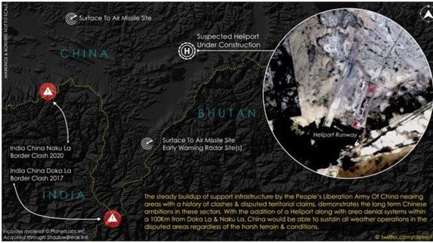 The imagery, shared by the open source intelligence analyst who uses the name @detresfa on Twitter, shows the suspected heliport under construction at the tri-junction of the borders of India, Bhutan and China, and at a distance of about 100 km from Doka La and Naku La.(TWITTER.)