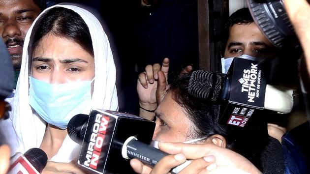 Rhea Chakraborty leaves from Enforcement Directorate office after questioning in Sushant Singh Rajput's death case.(ANI) Rhea Chakraborty leaves from Enforcement Directorate office after questioning in Sushant Singh Rajput's death case.(ANI)