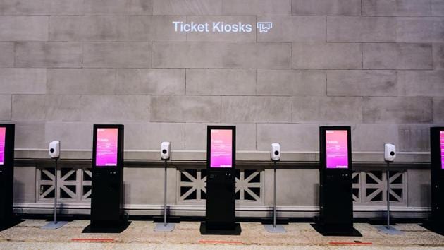 Hand sanitizer stations placed between ticket kiosks during the public reopening of the Metropolitan Museum of Art in New York on August 29. Visitors are expected to experience many new procedures of functioning at the Met. One that stands out is that of timed tickets, which allows each visitor only a limited time inside the museum in comparison to the ease of access in the pre-lockdown visit. (Nina Westervelt / Bloomberg) Hand sanitizer stations placed between ticket kiosks during the public reopening of the Metropolitan Museum of Art in New York on August 29. Visitors are expected to experience many new procedures of functioning at the Met. One that stands out is that of timed tickets, which allows each visitor only a limited time inside the museum in comparison to the ease of access in the pre-lockdown visit. (Nina Westervelt / Bloomberg)