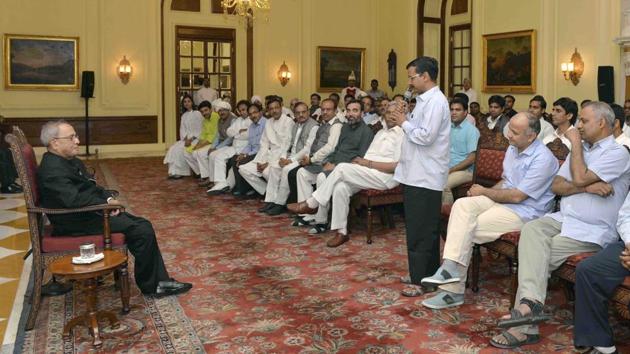 President Pranab Mukherjee during a meeting with Chief Minister of Delhi Arvind Kejriwal along with MLAs of the 6th Legislative Assembly of Delhi, at Rashtrapati Bhavan in New Delhi on March 27, 2015. Known for his sharp memory, clarity of thought and grasp over issues, Mukherjee has the rare distinction of serving as foreign, defence, commerce and finance minister. He was also Deputy Chairman of the Planning Commission. (Image Courtesy Rashtrapati Bhavan) 