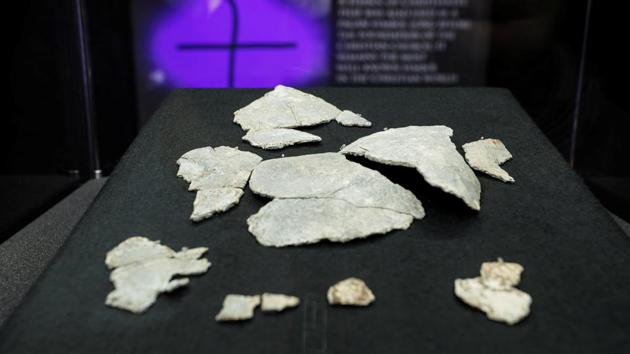 Pieces of a 1,400-year-old Christian chalice found at the Vindolanda Roman fort believed to be the oldest artefact of its kind ever found in Britain, are seen on display for the first time at the Vindolanda Museum in Northumberland, Britain August 31, 2020. REUTERS/Lee Smith (REUTERS)