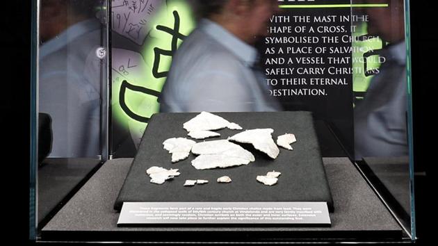 Pieces of a 1,400-year-old Christian chalice found at the Vindolanda Roman fort believed to be the oldest artefact of its kind ever found in Britain, are seen on display for the first time at the Vindolanda Museum in Northumberland, Britain August 31, 2020. REUTERS/Lee Smith (REUTERS)