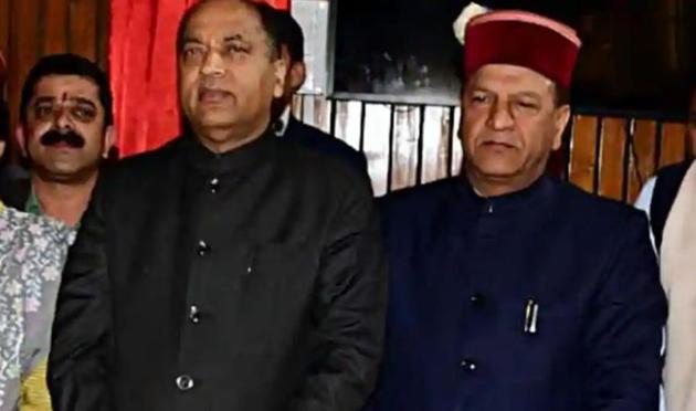 Five-time MLA Rajeev Bindal (right) with Himachal Pradesh chief minister Jai Ram Thakur. Bindal is a former speaker of the state assembly.(HT file photo)