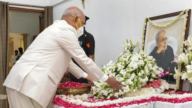 President Ram Nath Kovind pays his last respects to former President Pranab Mukherjee at the latter’s New Delhi residence on September 1, 2020. (PTI) President Ram Nath Kovind pays his last respects to former President Pranab Mukherjee at the latter’s New Delhi residence on September 1, 2020. (PTI)