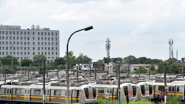 Metro trains parked at Timarpur yard, in New Delhi.(PTI/Representative Image)