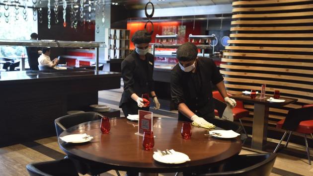 Employees sanitize the premises at Le Meridien Hotel ahead of Unlock 4 guidelines coming into effect, in New Delhi on August 31. Maharashtra, Andhra Pradesh, Karnataka, Tamil Nadu and Uttar Pradesh have accounted for over half of the total Covid-19 cases in India and close to 60% of the recoveries, HT reported quoting the health ministry on September 1. (Sonu Mehta / HT Photo) Employees sanitize the premises at Le Meridien Hotel ahead of Unlock 4 guidelines coming into effect, in New Delhi on August 31. Maharashtra, Andhra Pradesh, Karnataka, Tamil Nadu and Uttar Pradesh have accounted for over half of the total Covid-19 cases in India and close to 60% of the recoveries, HT reported quoting the health ministry on September 1. (Sonu Mehta / HT Photo)
