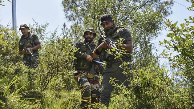 Security personnel during a cordon and search operation, after Pakistan army initiated unprovoked ceasefire violation along the LoC, at Mankote sector in Poonch district, earlier this year.(PTI) Security personnel during a cordon and search operation, after Pakistan army initiated unprovoked ceasefire violation along the LoC, at Mankote sector in Poonch district, earlier this year.(PTI)